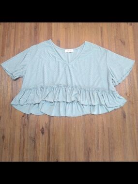 Mod On Trend Polka Dot Ruffle Hem V-Neck Top in Mint